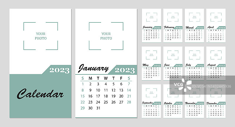 2023年挂历模板设计。每月创意日历布局。图片素材