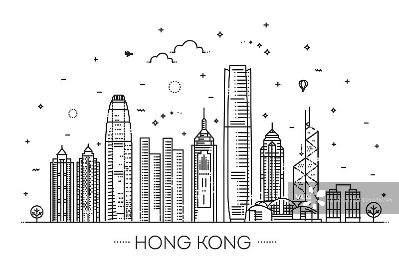 香港天际线，线性风格的矢量插图图片素材