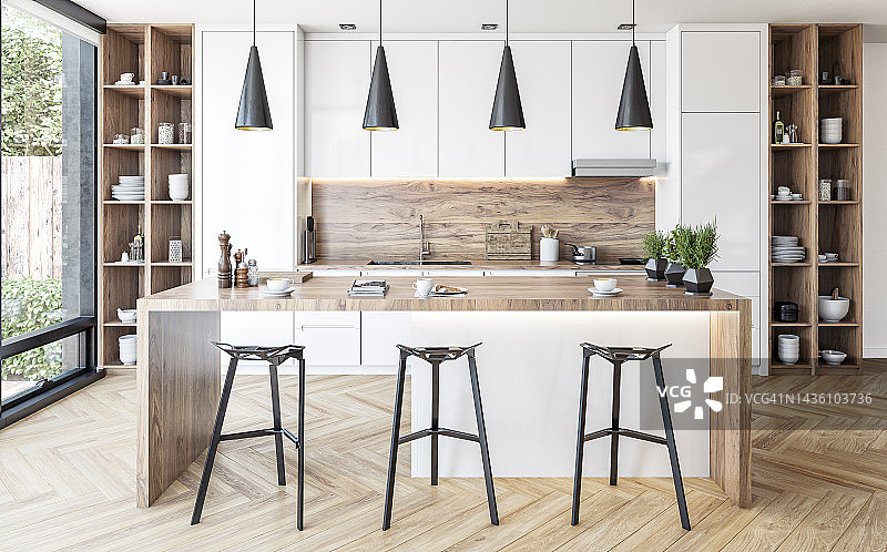 现代白色厨房，配有矩形早餐厨房岛台和凳子图片素材