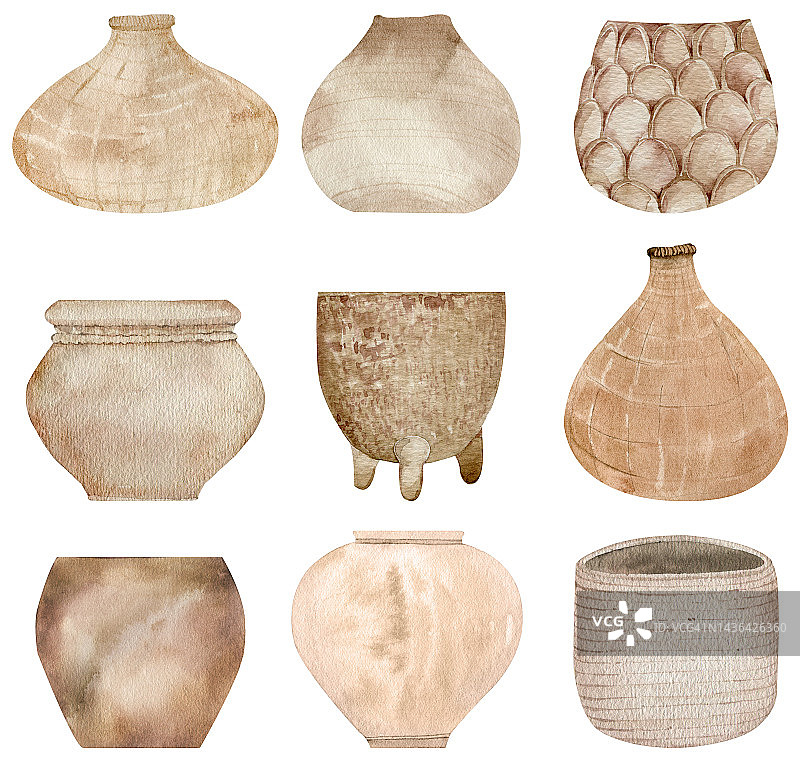 收藏的粘土陶器和编织罐孤立在白色的背景。水彩天然罐和罐。图片素材