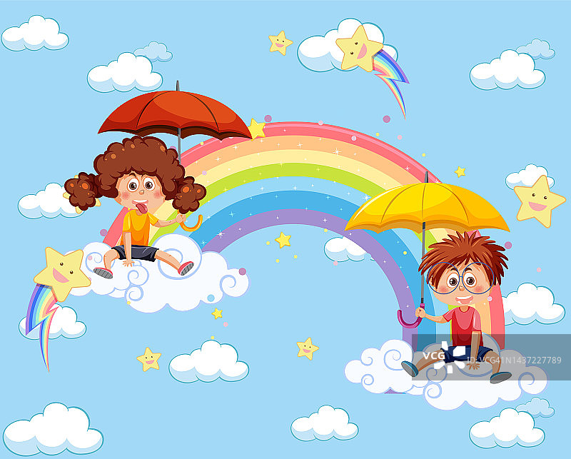 快乐的孩子在天空中伴着彩虹图片素材
