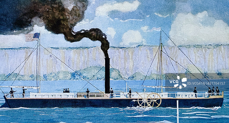 1807年，罗伯特·富尔顿建造了第一艘商业上成功的蒸汽船，克莱蒙特号，从纽约到奥尔巴尼的处女航图片素材