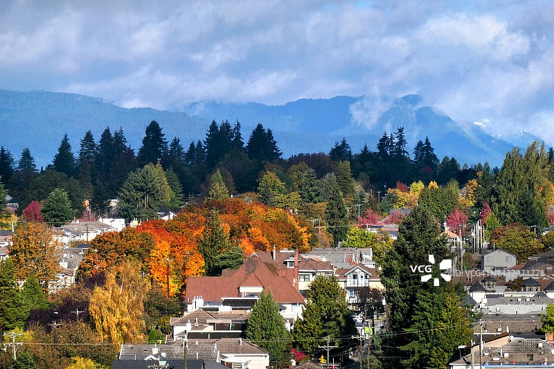 温哥华城市天际线与色彩斑斓的秋天和北岸山脉，在加拿大卑斯省温哥华图片素材
