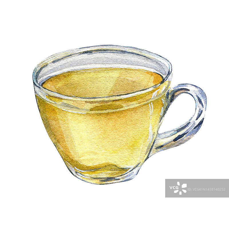 草本茶在透明玻璃杯水彩插图孤立在白色背景。图片素材