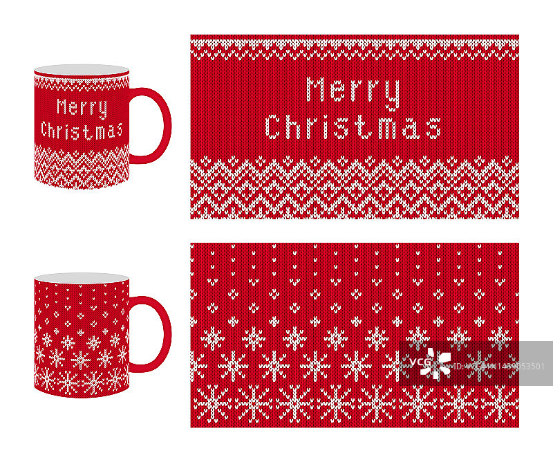 圣诞快乐无缝针织印花雪花和之字形边界。带有圣诞针织质感的杯子。假期的设计。图片素材