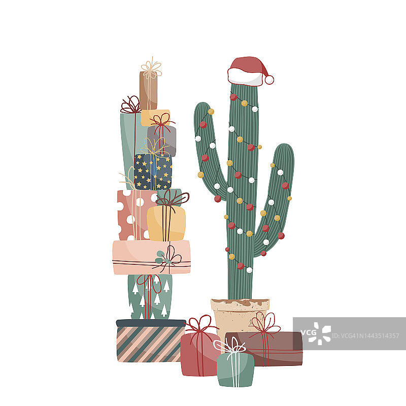 圣诞礼品盒和用花环和圣诞帽装饰的大盆栽仙人掌。矢量插图孤立在白色上。平面卡通剪纸卡片，海报，印刷品图片素材