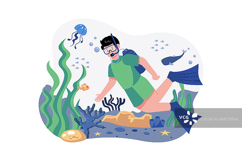男孩享受水肺潜水插画概念。孤立在白色背景上的平面插图图片素材