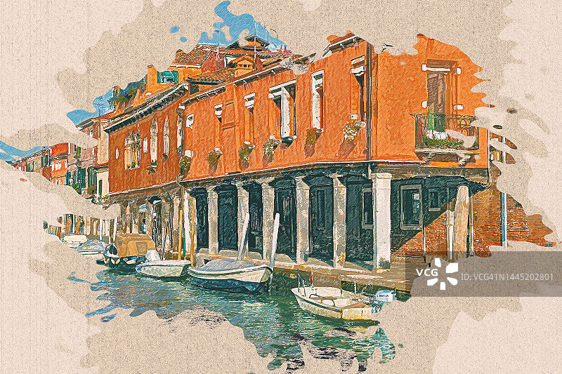 意大利美丽地标穆拉诺的水彩画风景画。图片素材