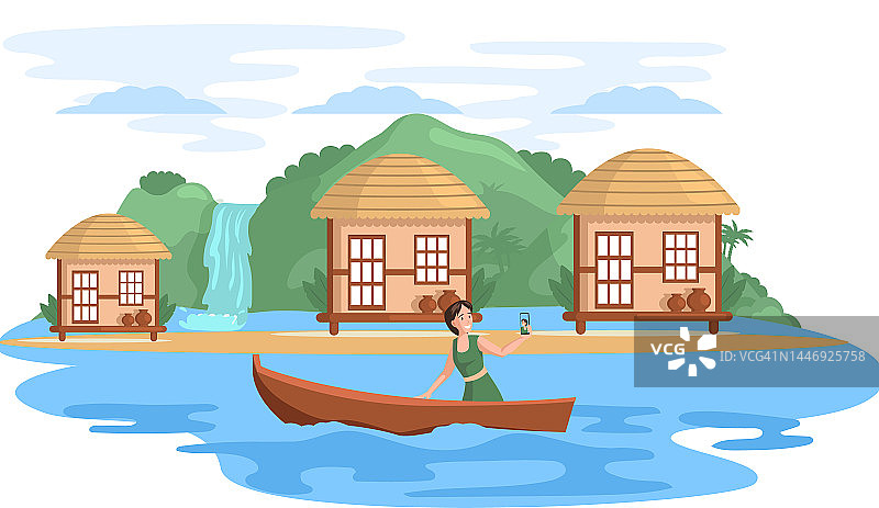 旅行和旅行。度假中的女主人公在自然景观上乘船在河上自拍图片素材