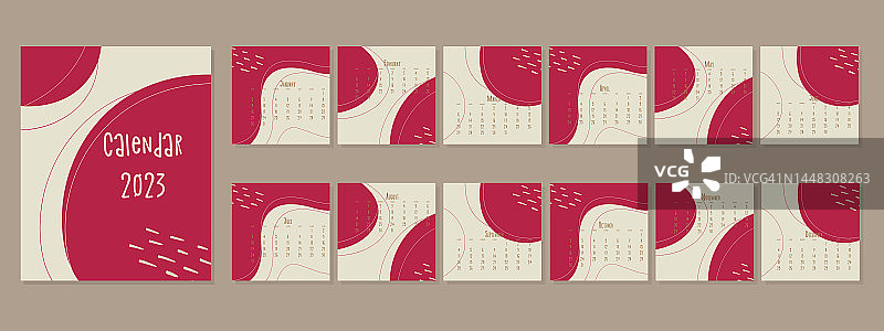 一套2023年日历模板，日历封面概念，波西米亚风格抽象Viva品红色2023年的趋势。图片素材