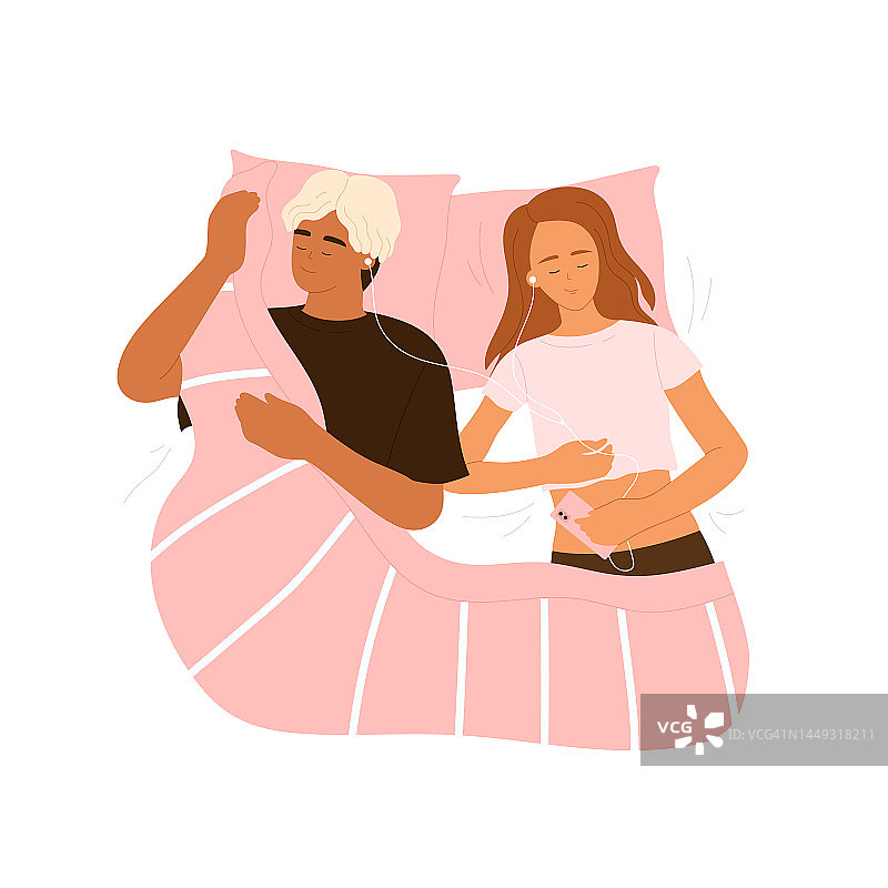 一对年轻夫妇睡在床上，盖着毯子，戴着耳机听音乐。女人和男人睡在一起。健康睡眠，放松身心，恢复精力的理念。矢量插图在卡通风格。孤立的背景图片素材