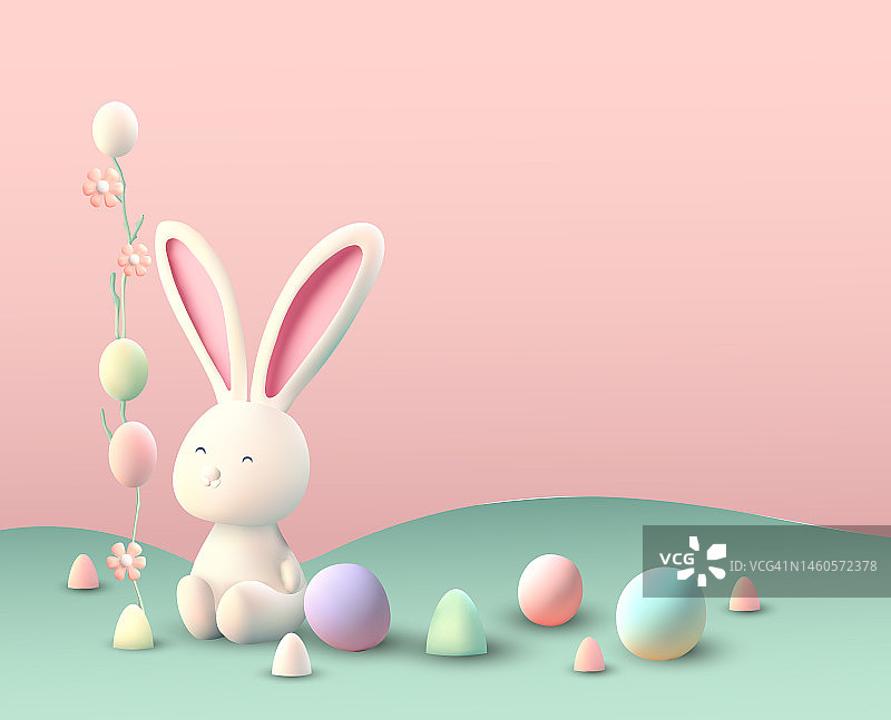 复活节兔子3d矢量概念，兔子蛋可爱的背景粉彩春天节日快乐渲染图片素材