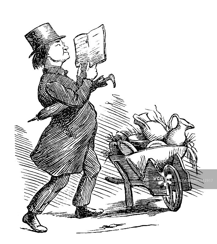 一个戴着大风帽的男人边走边看书，还拿着水壶威胁说要倒在独轮手推车上图片素材