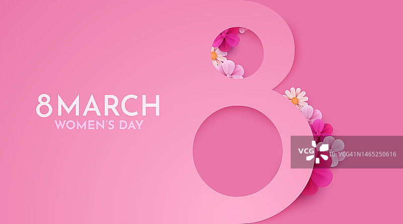 国际妇女节旗帜。3月8日有鲜花装饰的传单。数字8。邀请剪纸风格与春天的植物，树叶和花朵图片素材