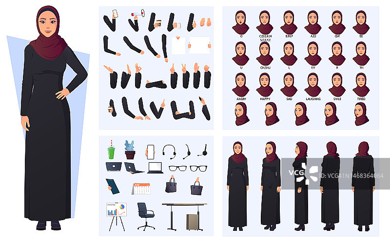 穆斯林阿拉伯妇女人物创作包与妇女穿着黑色长袍和红色头巾，阿拉伯妇女嘴动画，身体部位，手势和办公物品图片素材