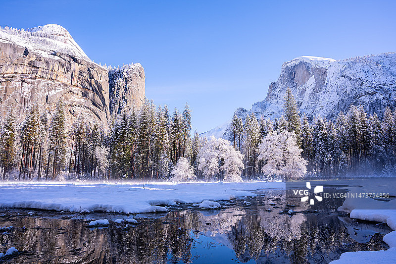 美国加利福尼亚州约塞米蒂国家公园，清澈天空下冰冻湖泊的景色图片素材