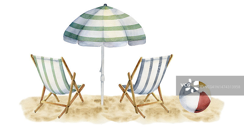 手绘水彩构图。条纹沙滩配件，沙滩上的雨伞和椅子。孤立在白色背景上。设计墙面艺术，婚庆，印花，面料，封面，卡片，旅游，旅游小册子。图片素材