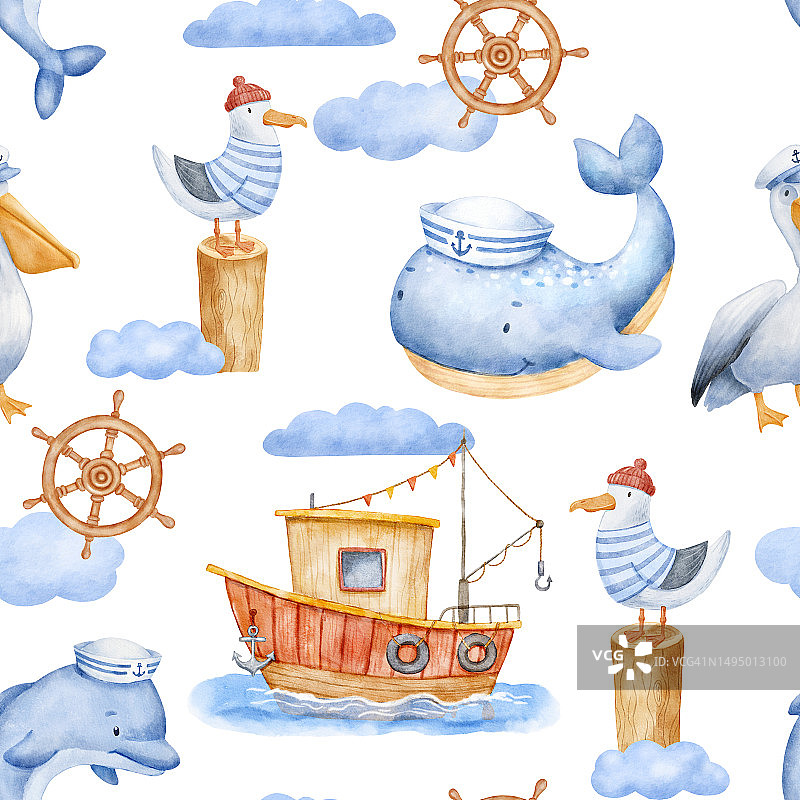 可爱的水彩航海无缝图案与海洋动物字符和船。有趣的海洋背景图片素材