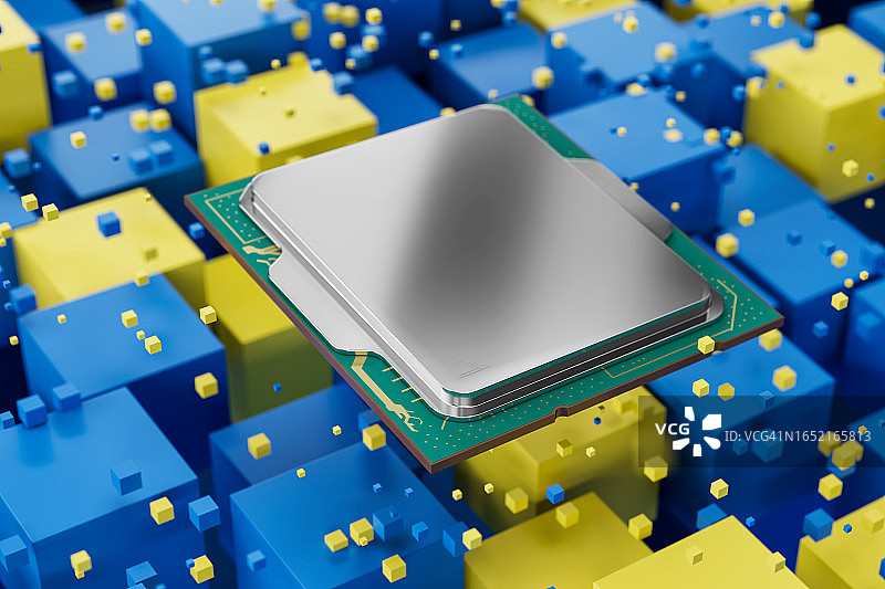 CPU与浮动蓝色和黄色立方体图片素材