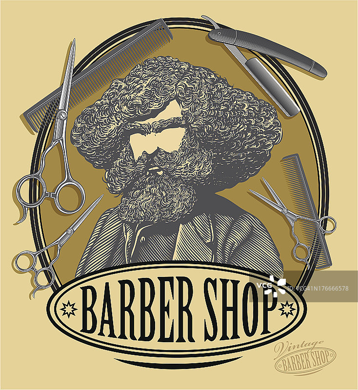 老式理发店招牌上有大胡子，剪刀，剃刀图片素材