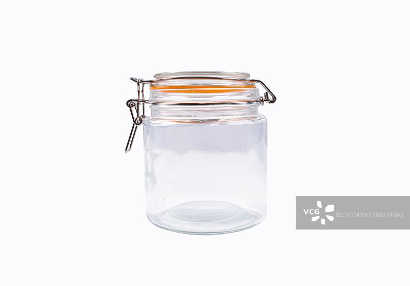 空圆捆玻璃瓶与摆动顶盖，隔离在白色背景。图片素材