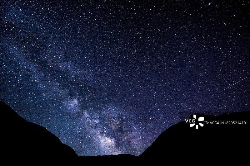 夜间，美国犹他州鲍威尔湖，山峰对星空的低角度剪影图片素材