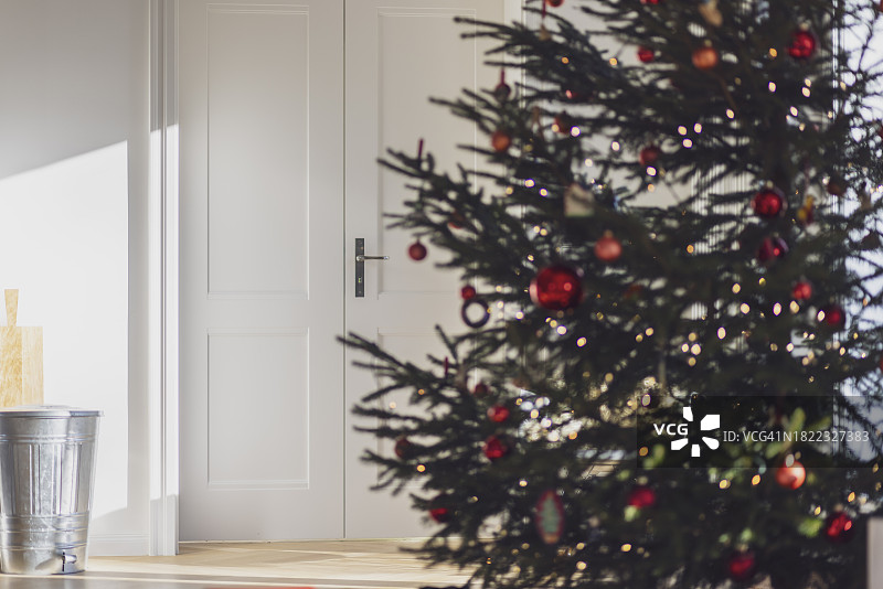 A Christmas tree in the living room in front of a white door and a paper bin图片素材