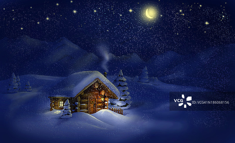 圣诞夜景观——小屋，雪，松树图片素材