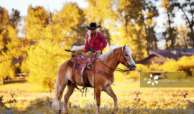 在一个秋高气爽的早晨，蒙大拿女牛仔骑着她的马图片素材