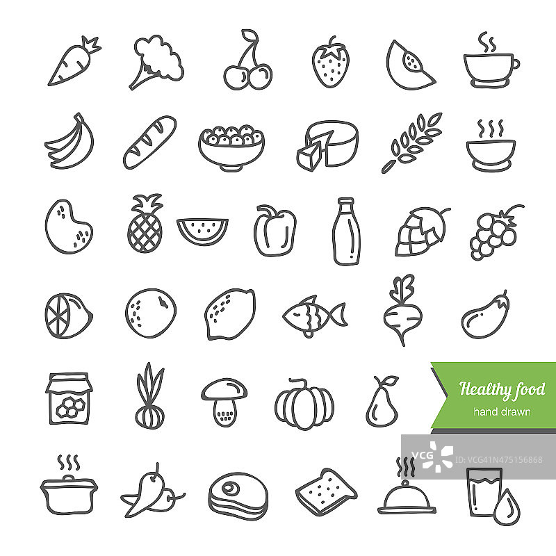 手绘矢量涂鸦健康食品图标集图片素材