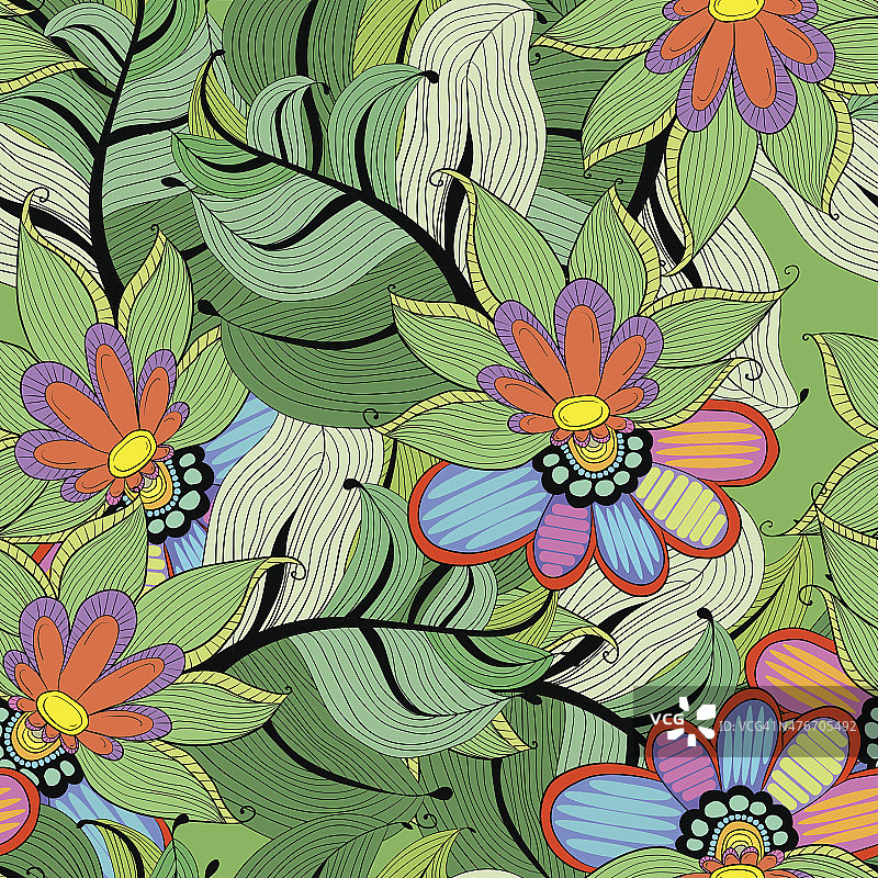 Lotus用树叶。抽象无缝图案与五颜六色的百合花图片素材