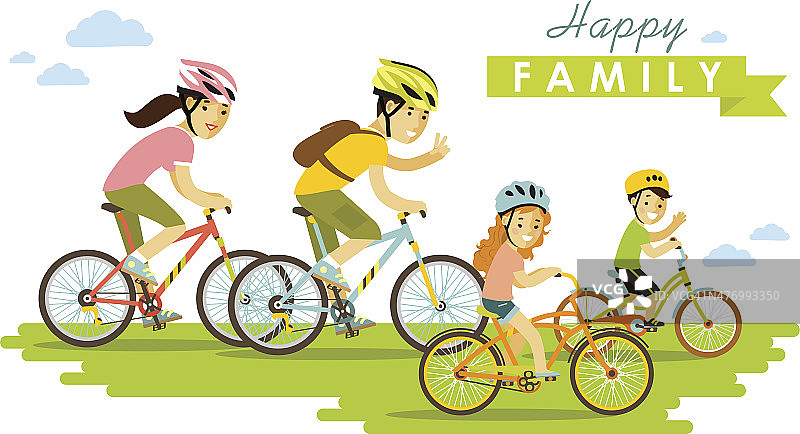 快乐的家庭骑自行车孤立在白色的背景平风格图片素材