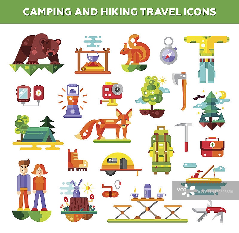 现代平面设计插图露营和徒步旅行的信息图片素材