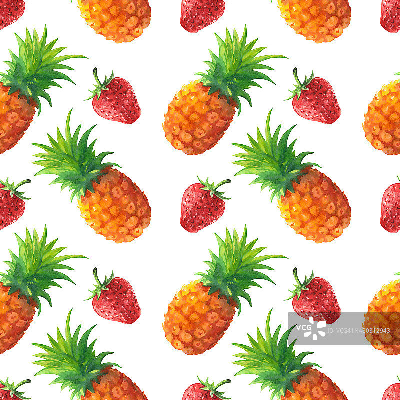 水彩无缝图案与菠萝和草莓图片素材