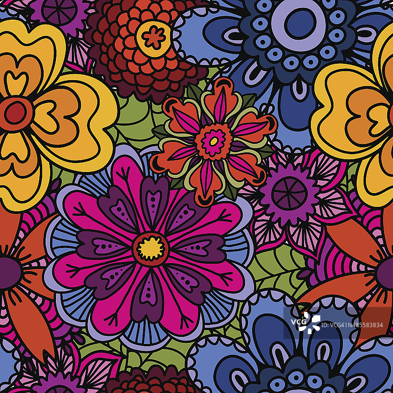 民族花卉涂鸦无缝背景。美丽的涂鸦艺术花朵。图片素材