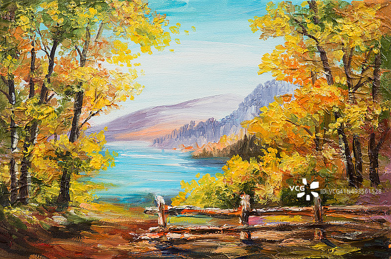 油画风景——五彩缤纷的秋林、山湖图片素材