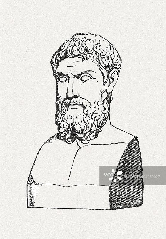 伊壁鸠鲁(公元前341-271/270)，希腊哲学家，木刻，出版于1881年图片素材