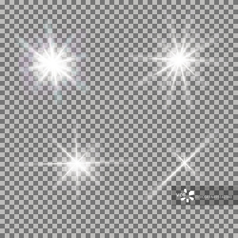 向量组发光的光与闪光爆发在透明图片素材