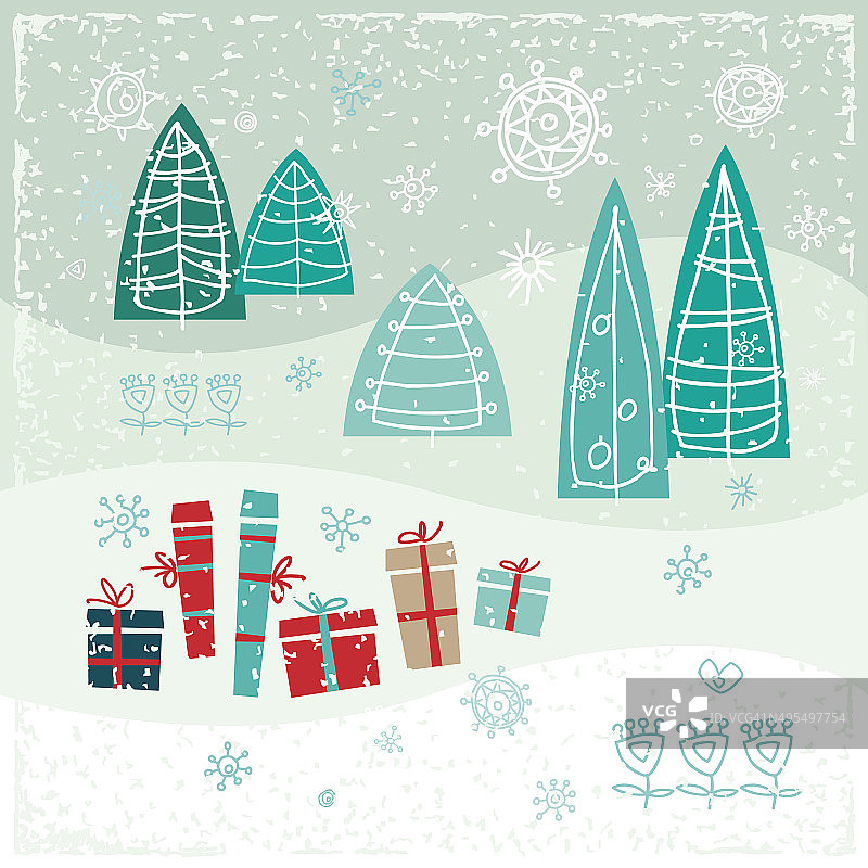 带有礼物、树木和雪花的老式圣诞卡。矢量插图。图片素材