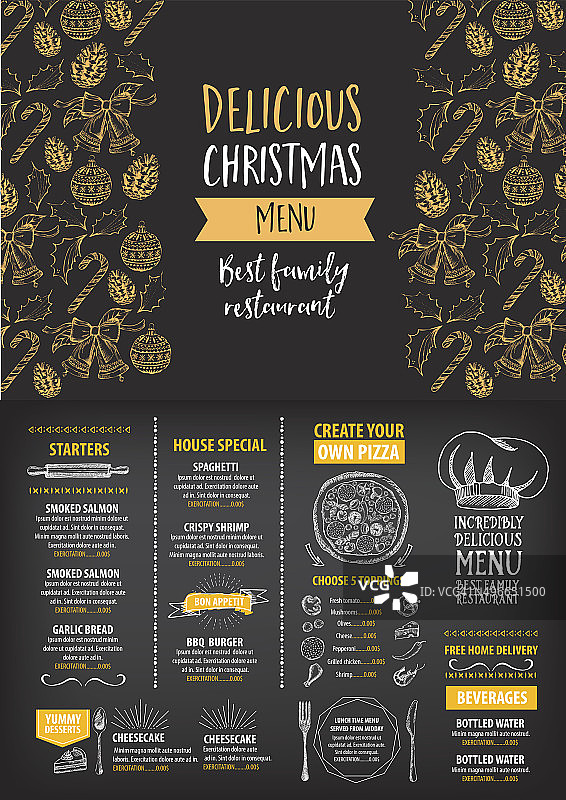 圣诞派对菜单餐厅。食物的传单。图片素材