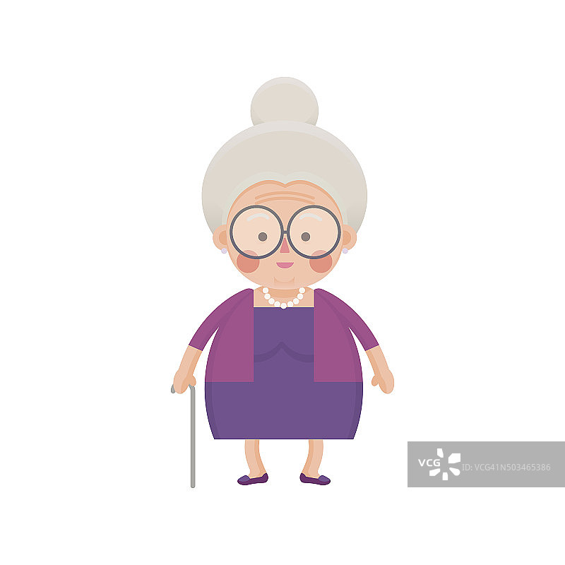 穿着紫色衣服、拄着拐杖的老太太图片素材