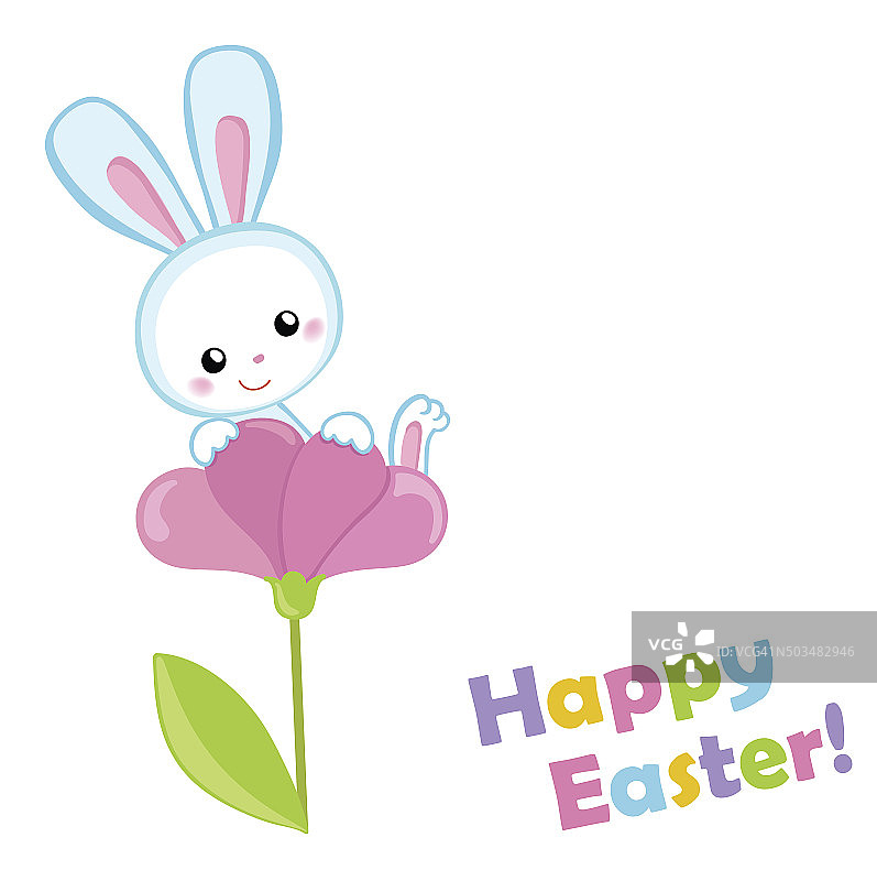 复活节快乐。可爱的复活节兔子坐在花上。图片素材