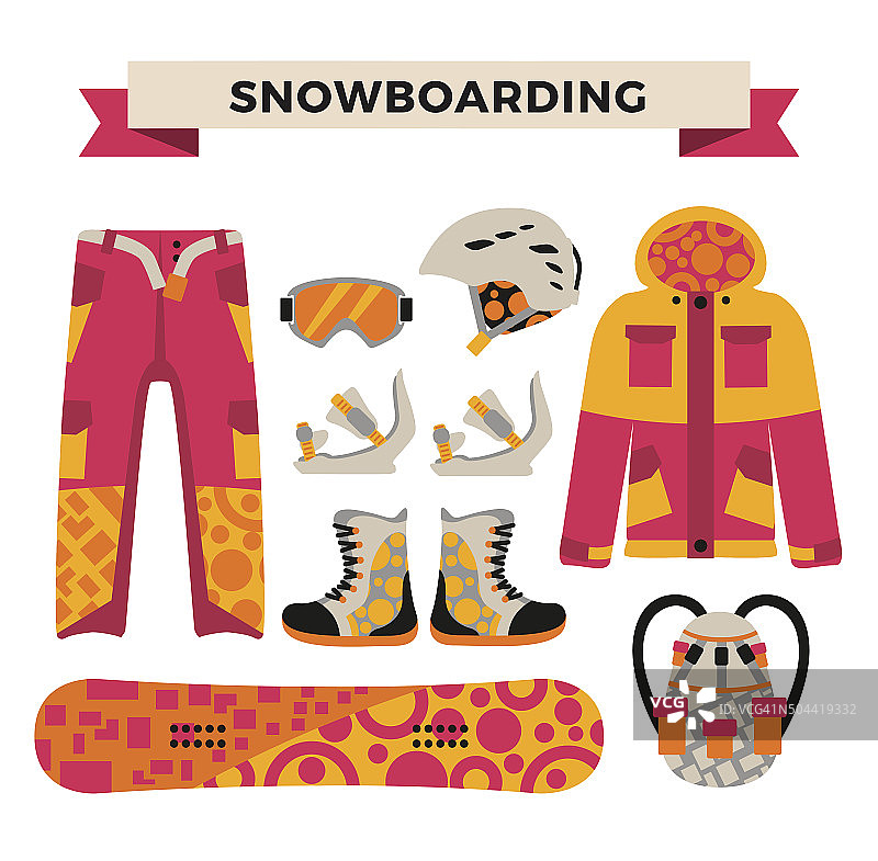 滑雪板运动服装和工具元素图片素材