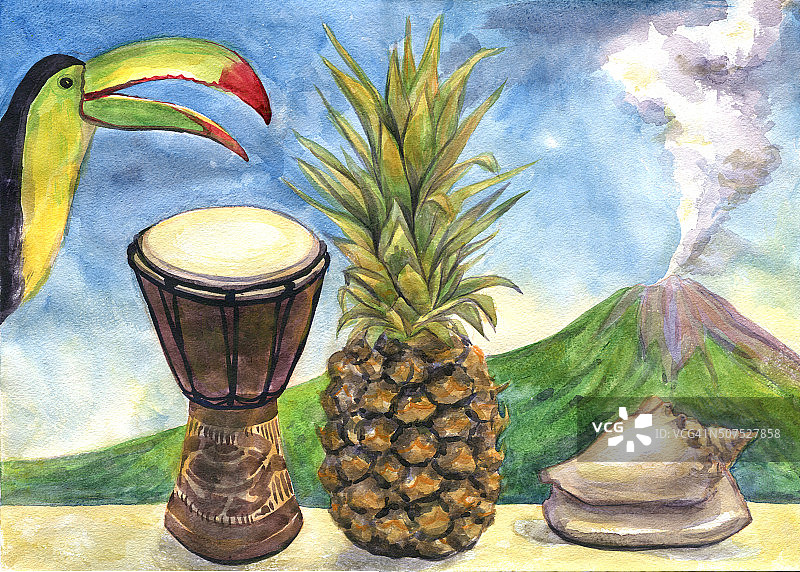 奇异的静物画。水彩画。菠萝，鼓，巨嘴鸟，海贝壳图片素材