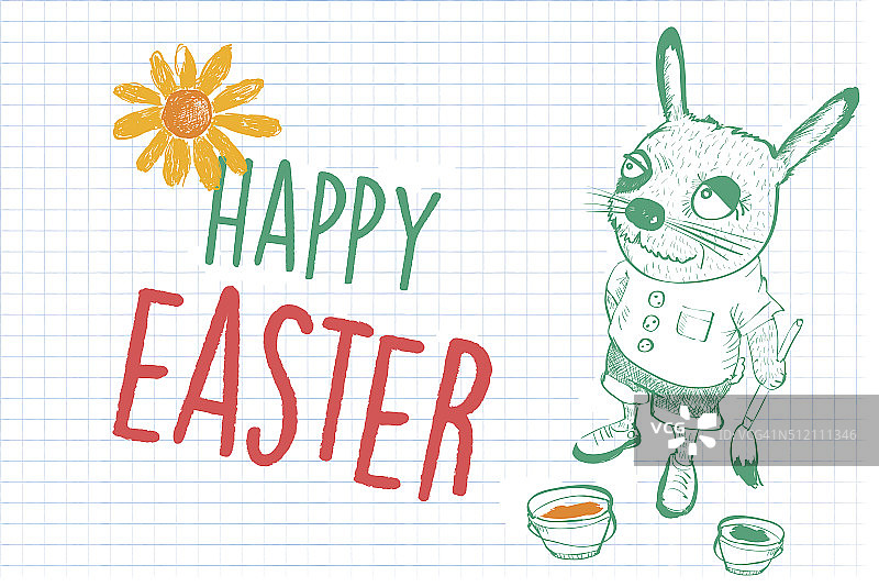 复古快乐复活节兔子涂鸦与文字图片素材