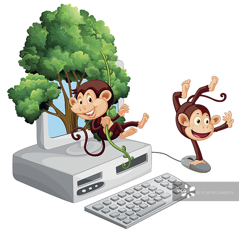 两只猴子在电脑屏幕上图片素材