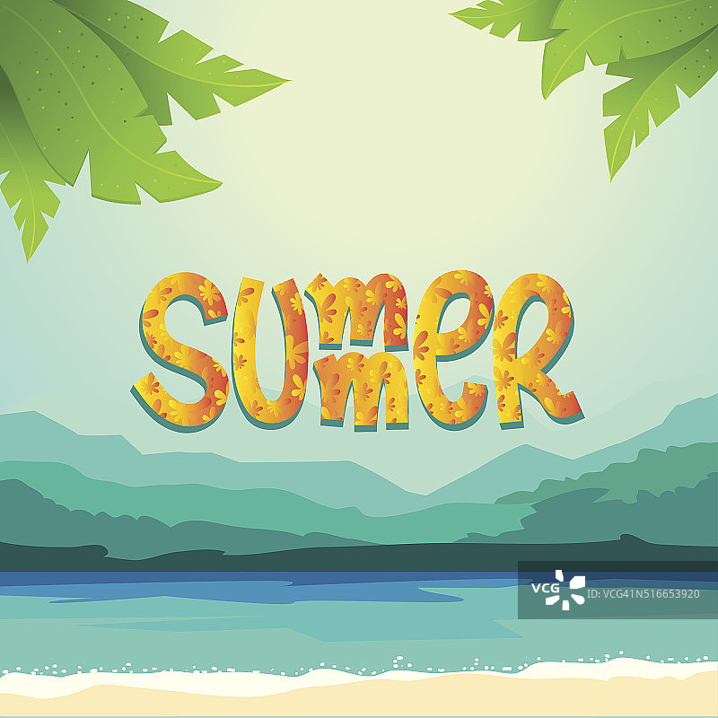 夏日背景有大海，沙滩，阳光，棕榈树，山脉图片素材