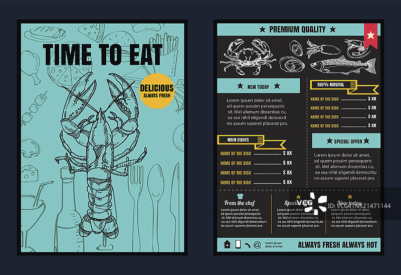 小册子或海报餐厅海鲜菜单与黑板背面图片素材