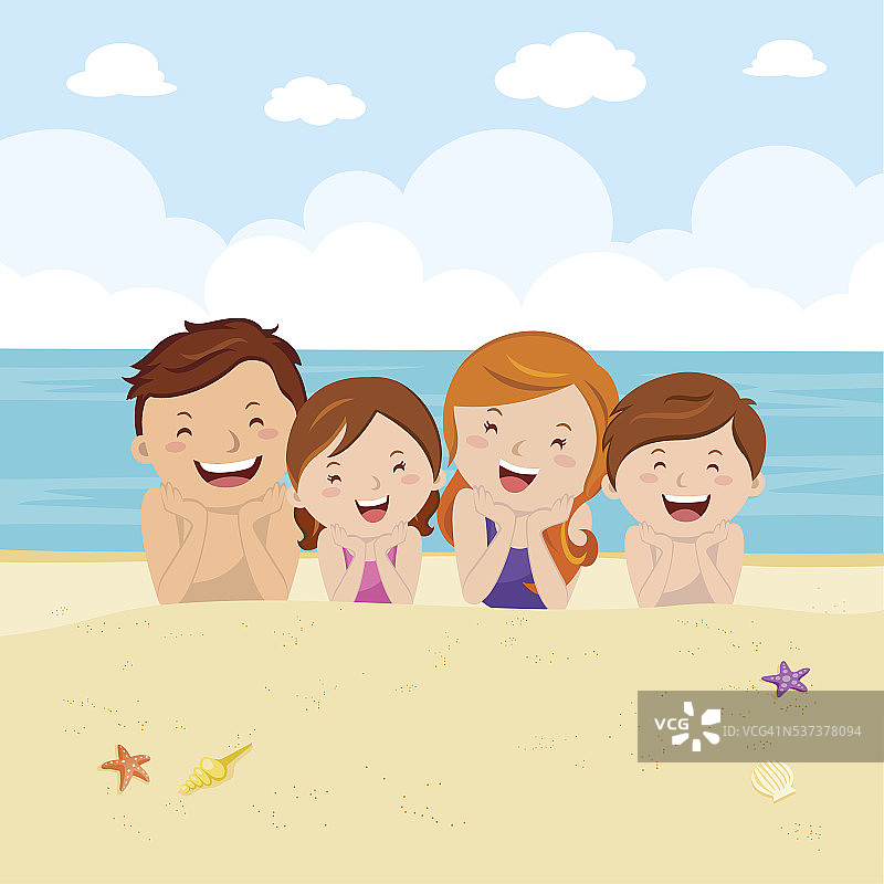 幸福的家庭躺在沙滩上图片素材