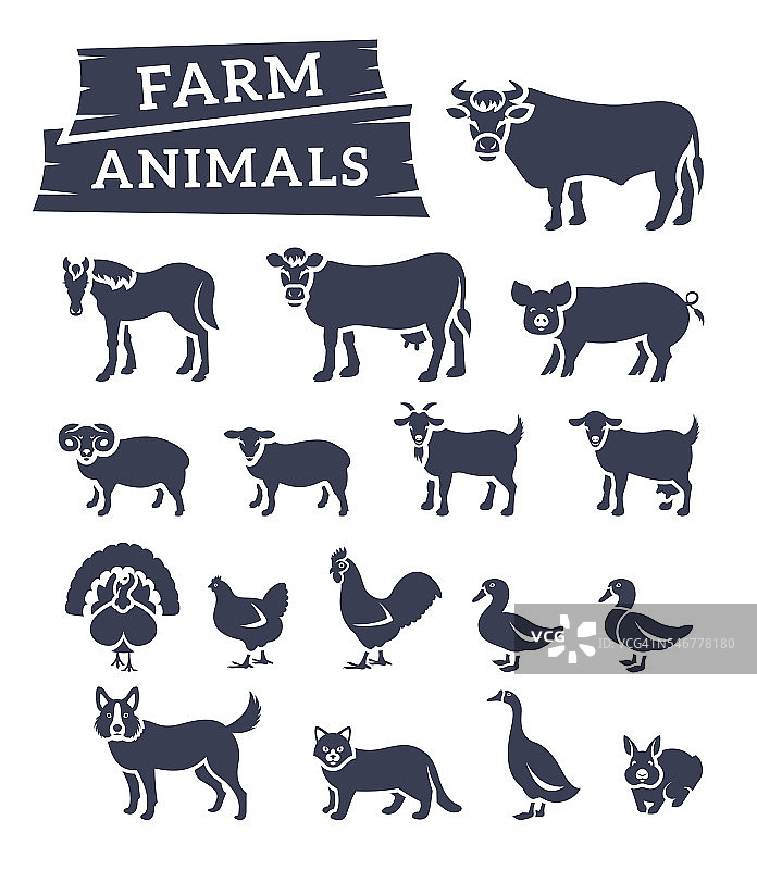 家畜农场动物平面轮廓矢量图标图片素材